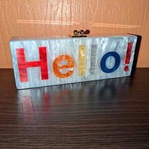 Glitter White and Multicolor Graphic ‘Hello!’ Acrylic Clutch Box Purse New